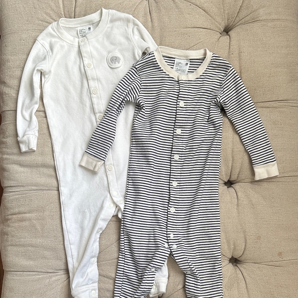 Uniqlo 12-18 Month White & Navy Striped One-Piece Rompers